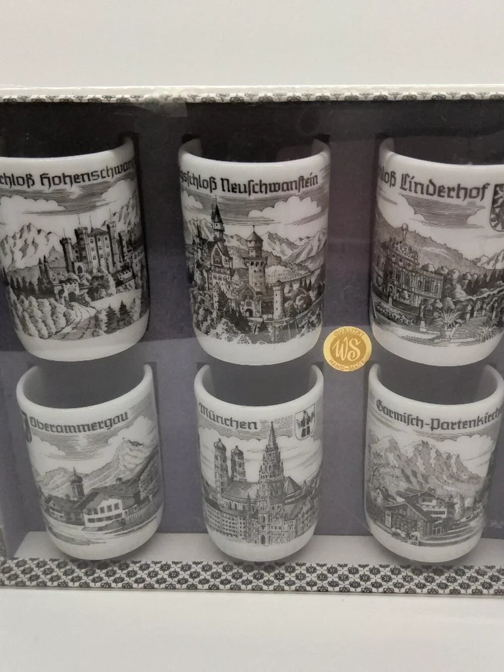 Rare Set of 6 White Porcelain Germany Shot Glasses/ Barware. By Qualitat WS